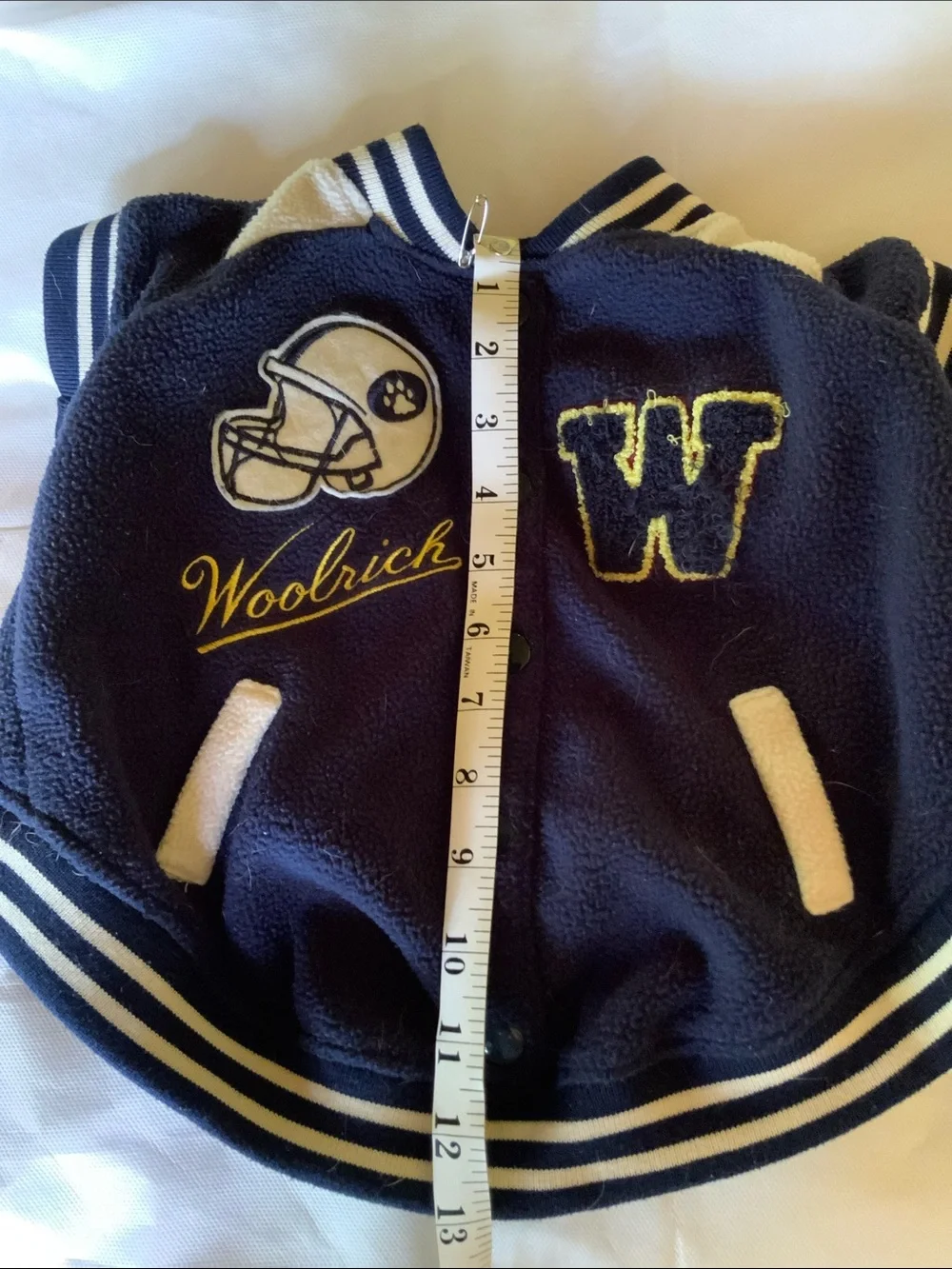 Woolrich Navy and White Letterman-Style fleece Dog Jacket with Yellow Accents